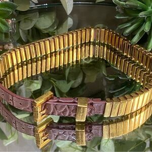 Vintage Michael Kors Necklace Gold Link Brown Leather Chocker Signed